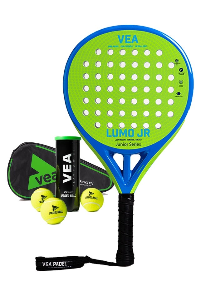 VEA LUMO JR Junior Padel Racket Bundle – Neon Lime Green | Includes 1 Racket and 1 Tube of VEA Padel Balls | 50% Carbon 50% Fiberglass Frame | Soft EVA Core | Lightweight 320g | Glossy Finish - Image 1